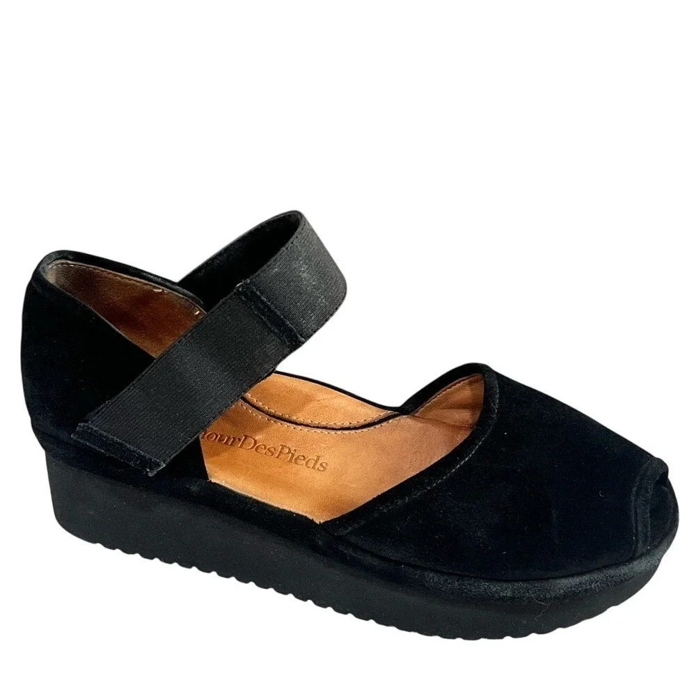 L'Amour Des Pieds Amadour Peep Toe Wedge shoe black suede sandal leather 7 comfy